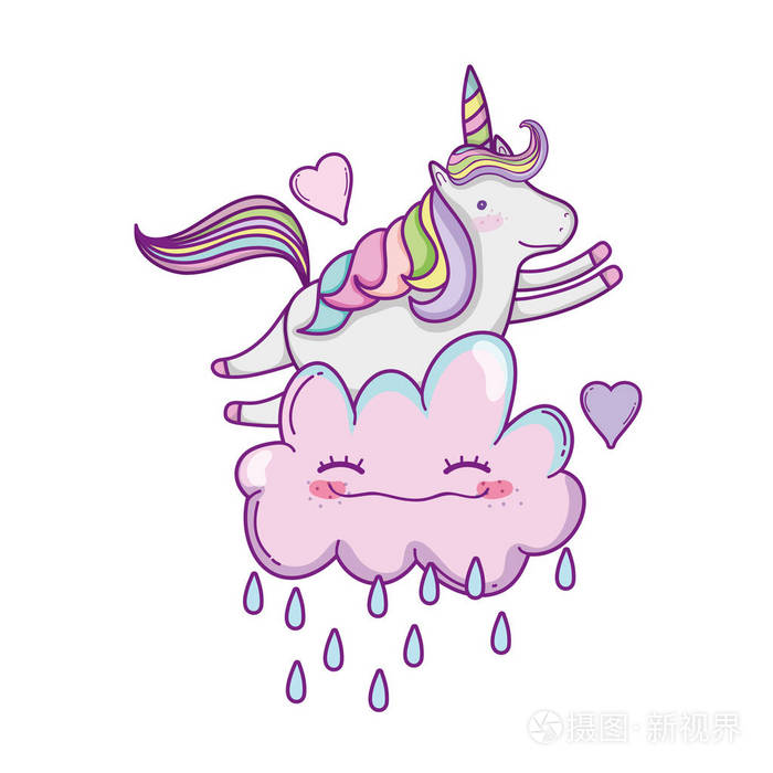 可爱的独角兽飞上云端卡通矢量插图平面设计