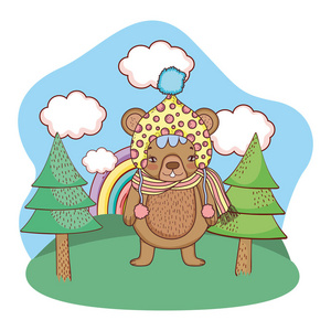 可爱的小熊带帽子在营地矢量插图设计