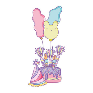 生日快乐蛋糕和带气球的帽子可爱卡通矢量图平面设计照片