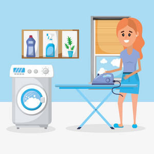 带家电的女洗衣房卡通矢量插图平面设计