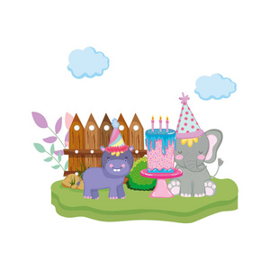 小象和河马带派对帽子矢量插图设计
