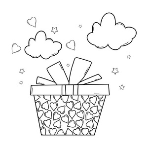 生日礼物盒和云彩与心和星星可爱的卡通矢量插图平面设计
