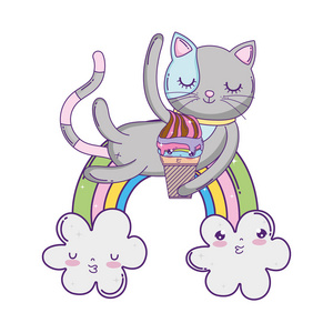 带冰淇淋的可爱猫彩虹矢量插图设计照片