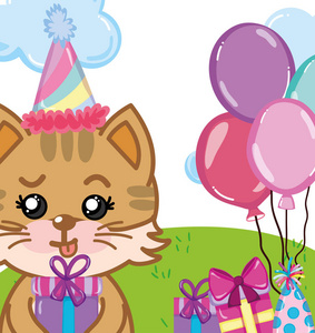 生日派对可爱的猫漫画矢量插图平面设计照片