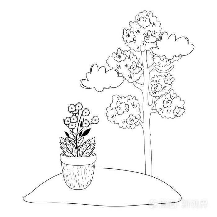 花草树木花园矢量插图设计