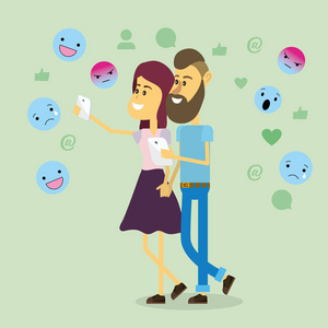 年轻夫妇使用社交网络从智能手机矢量插图图形设计