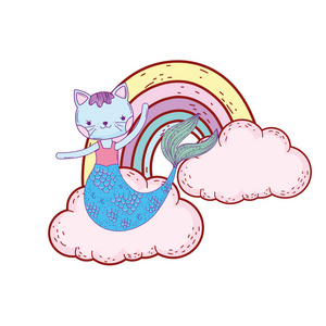 可爱的女仆与云和彩虹矢量插图设计