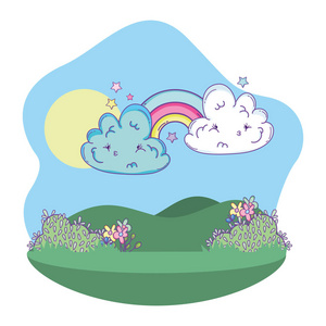 彩虹风景卡通可爱的风景与云和彩虹卡通矢量插图平面设计照片