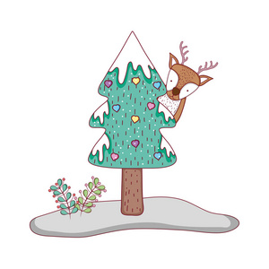 圣诞树快乐驯鹿矢量插图设计