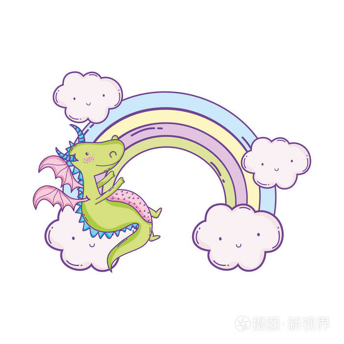 可爱的龙在微笑的云和彩虹卡通矢量插图图形设计