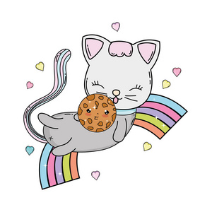 可爱的猫与饼干彩虹矢量插图设计