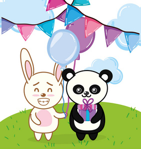生日派对可爱的野生动物卡通矢量插图平面设计