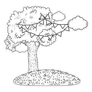 树可爱的自然与旗帜矢量插图图形设计