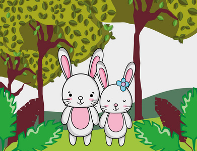 可爱的兔子家庭丛林卡通矢量插图平面设计照片