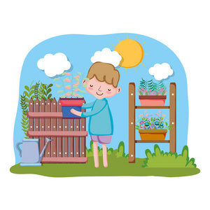 男孩提升房子的围栏和架子矢量插图设计