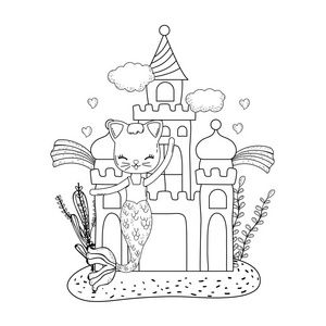 可爱的女仆城堡和彩虹海底矢量插图设计