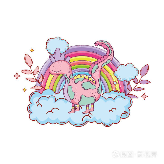 云矢量插图设计中彩虹的童话恐龙