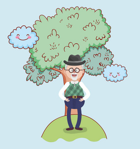爷爷树可爱的爷爷站在公园的树旁卡通矢量插图平面设计照片