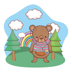 可爱的小熊带着衬衫和随身听在营地矢量插图。