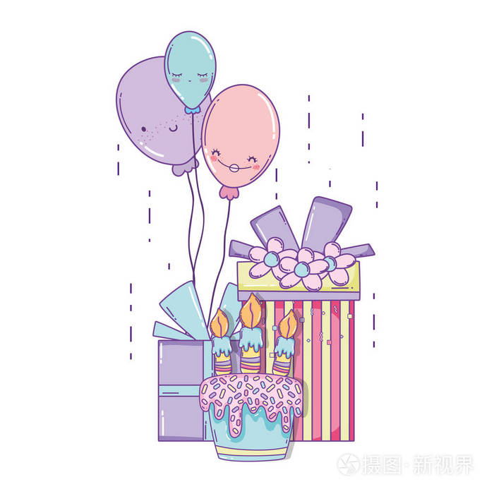 生日快乐礼物盒和蛋糕带气球卡通矢量图平面设计插画-正版商用图片