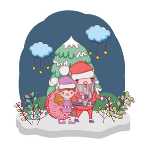 圣诞老人与树和助手在雪景矢量插图。