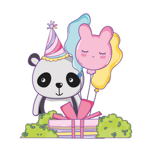 生日快乐熊猫熊带礼品盒和气球矢量图平面设计