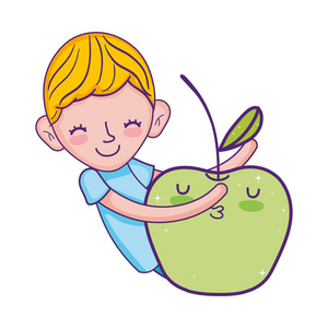 小男孩苹果卡瓦伊字符矢量插图设计