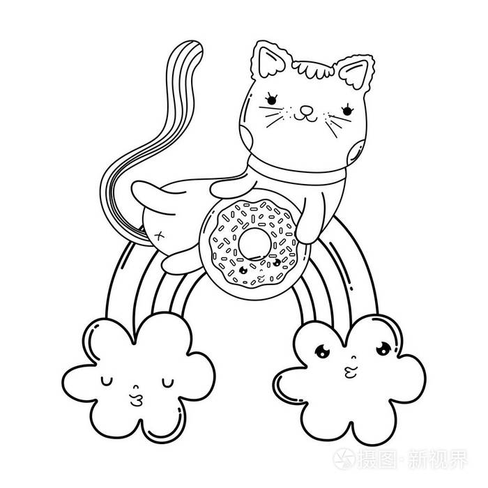 可爱的猫与甜甜圈彩虹矢量插图设计插画-正版商用图片1792tk-摄图新