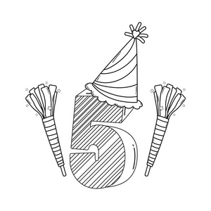 生日蜡烛五号，有爆米花和帽子矢量插图平面设计