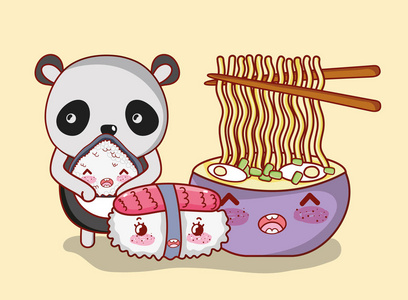 熊猫熊寿司亚洲美食可爱卡瓦伊矢量插图平面设计