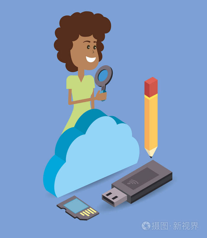 年轻女子拿着放大镜搜索引擎元素卡通