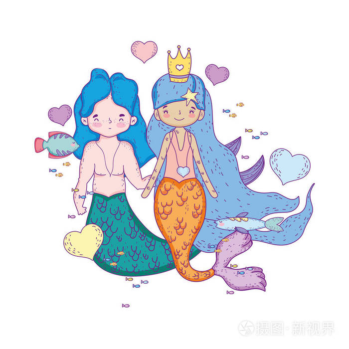 情侣美人鱼与心字矢量插图设计