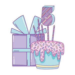 五幅生日礼物盒和蛋糕,上面有五幅可爱的卡通画照片