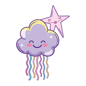 云彩和星星微笑着五彩彩虹可爱的卡通矢量插图图形设计照片