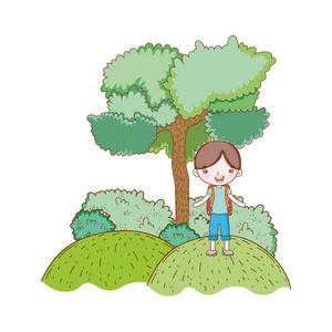 旅行者生态旅游男孩乔灌木矢量插图平面设计