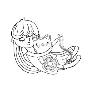 小女孩猫卡瓦伊字符矢量插图设计