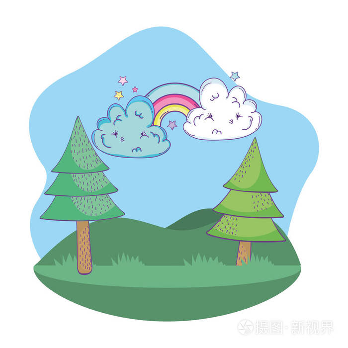 可爱的风景与云和彩虹卡通矢量插图平面设计