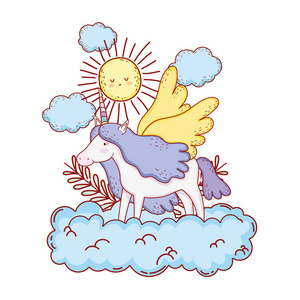 可爱的童话独角兽与云和太阳矢量插图设计