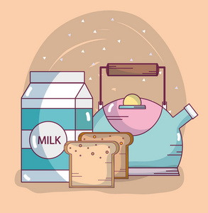 早餐牛奶和面包配料卡通矢量图平面设计照片