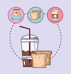 早餐和咖啡杯与烤面包机矢量插图平面设计