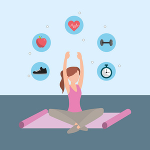 个 年轻妇女做瑜伽姿势,运动垫和图标,卡通矢量插图,平面设计 相似