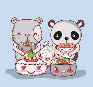 猫熊与日本食物卡瓦伊卡通矢量图平面设计