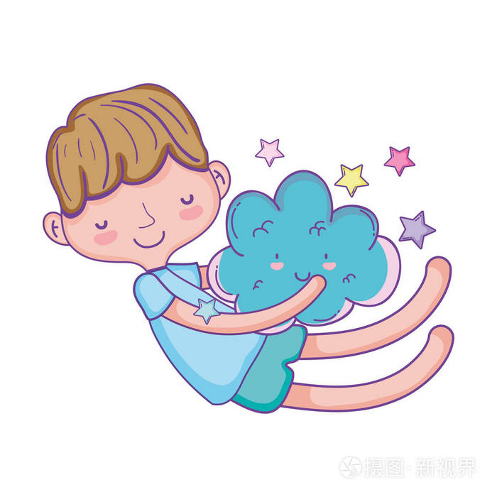 可爱的男孩梦想与云彩卡通矢量插图平面设计