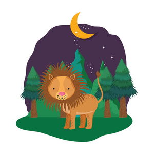可爱的狮子在景观上的夜晚矢量插图设计