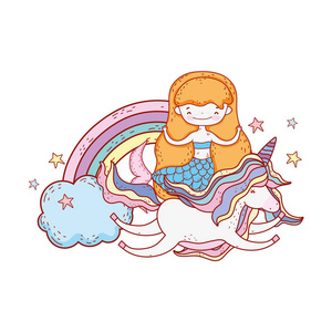 带独角兽和彩虹的美人鱼云矢量图设计照片
