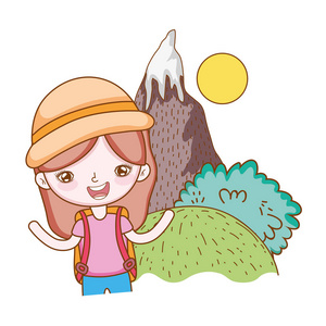 旅行者生态旅游女孩带帽子雪山景观矢量插图平面设计