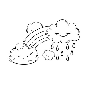 漫画卡通雨云云笑着,雨下着彩虹可爱的卡通矢量插图,平面设计照片