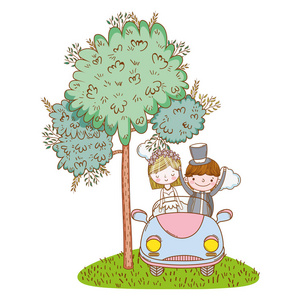 新婚夫妇结婚在自然的老式汽车可爱卡通矢量插图平面设计