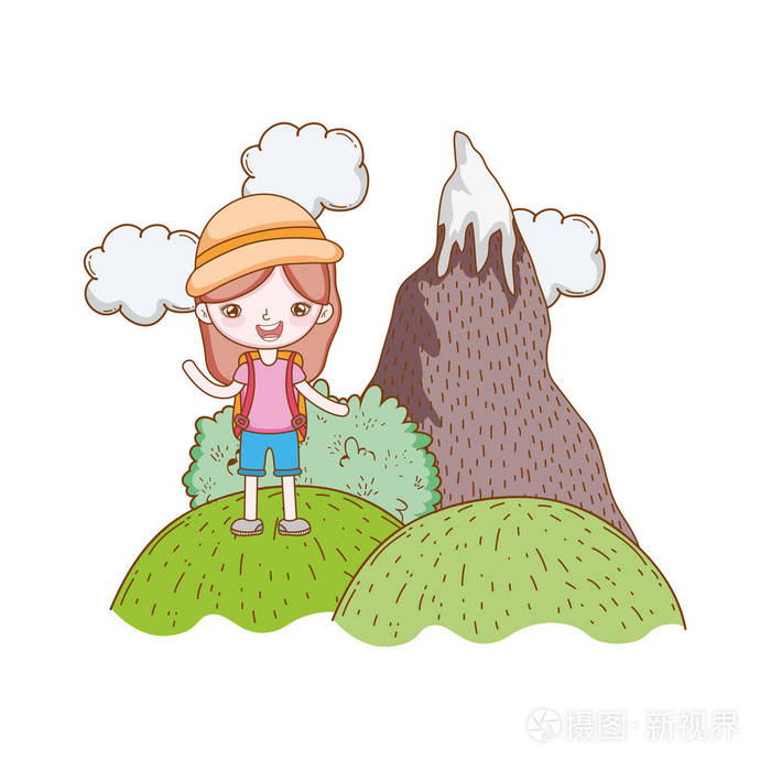 旅行者生态旅游女孩帽子雪山矢量插图平面设计