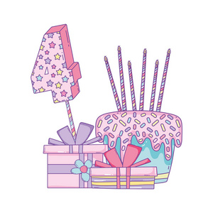 生日快乐蛋糕及礼盒四幅漫画矢量图平面设计